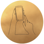 gezeichnetes Handy mit Händen in goldenem Kreis